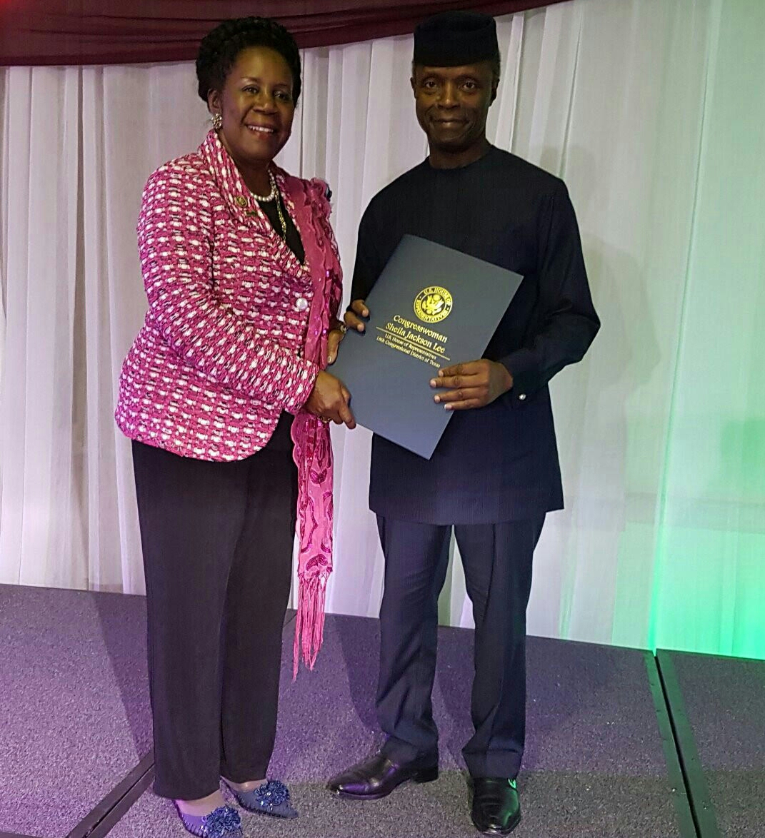 VP Osinbajo Receiving a US Congressional Proclamation in His Honor From Congresswoman Sheila Jackson-Lee, Representing Texas State at the US House of Reps On 30/10/2016