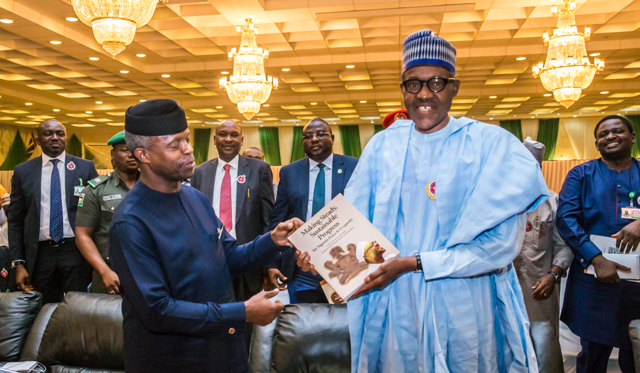PMB and VP Osinbajo At The Book Presentation Of The Mid-Term Scorecard On The President Muhammadu Buhari Administration Titled: Making Steady, Sustainable Progress For Nigeria’s Peace And Prosperity,  Abuja On 16/11/2017
