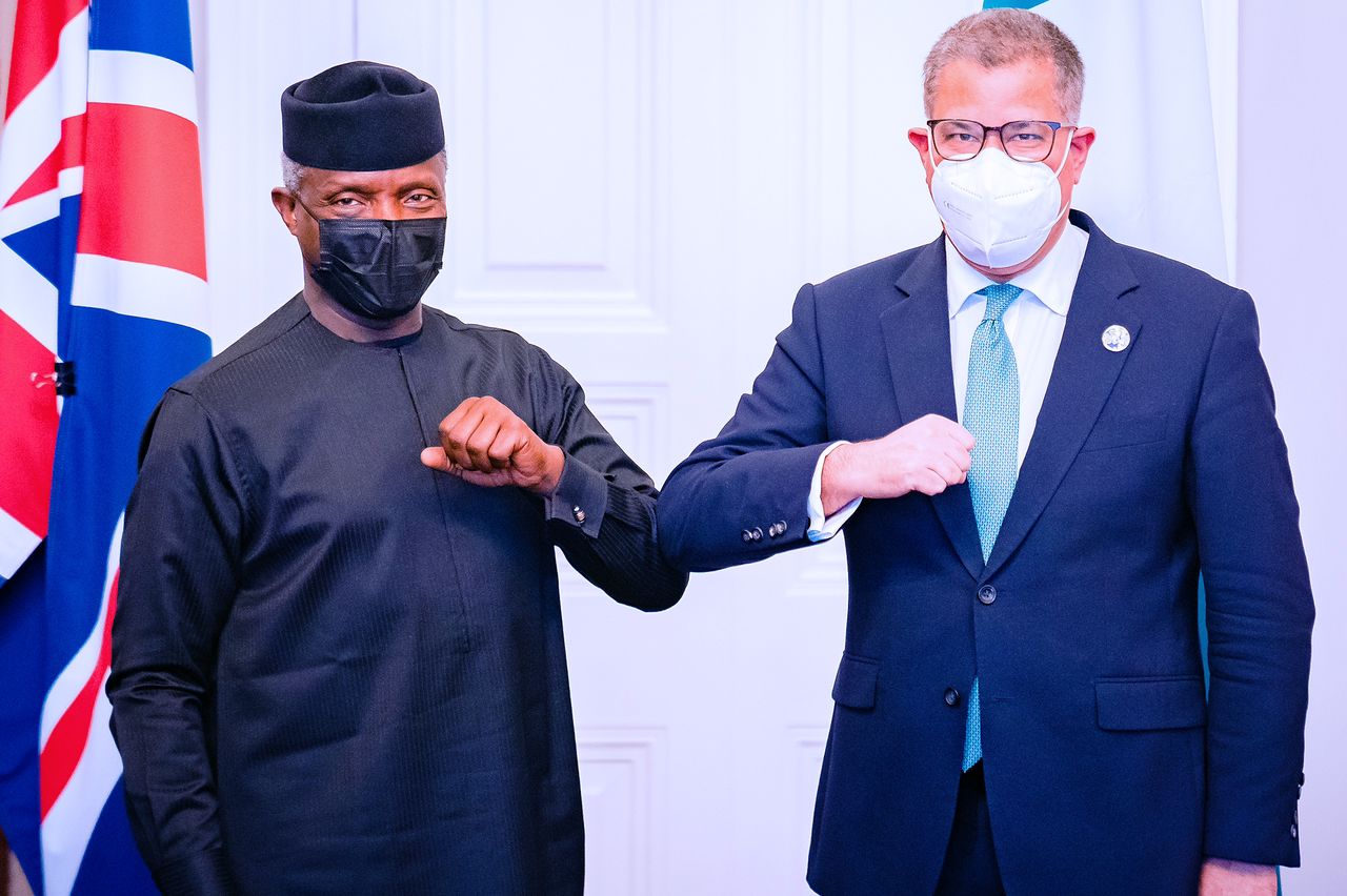VP Osinbajo Meets With President-Designate Of COP26,  Alok Sharma, At UN High-Level Event On Energy Transition In London On 08/10/2021