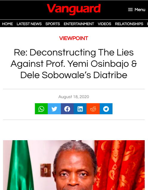 RE: Deconstructing The Lies Against Prof. Yemi Osinbajo & Dele Sobowale’s Diatribe – Vanguard