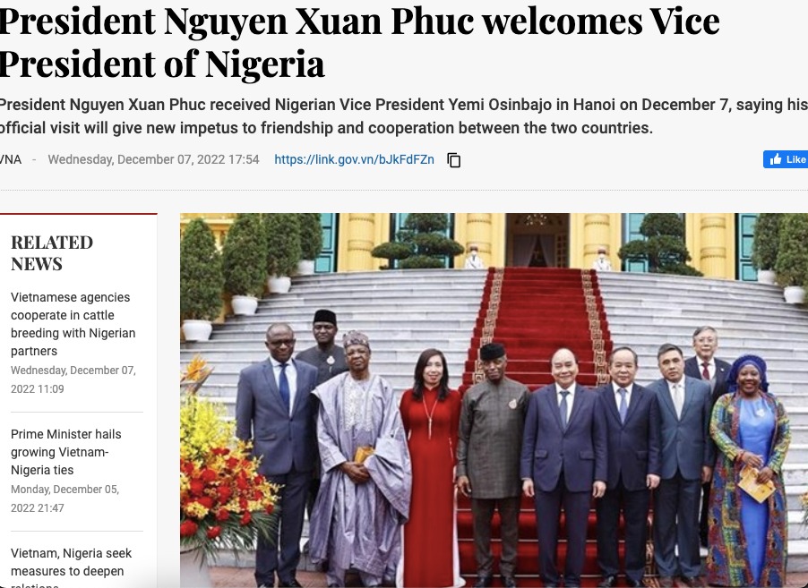 President Xuan Phuc Welcomes Vice President Of Nigeria