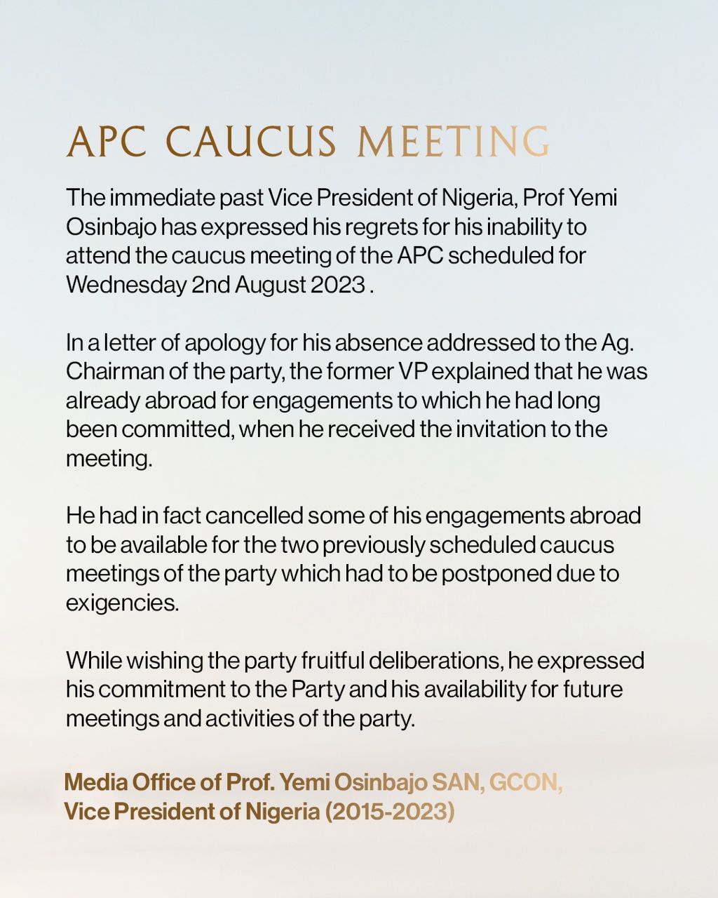 Osinbajo Restates Commitment To APC, Sends Apologies Ahead Of Caucus Meeting